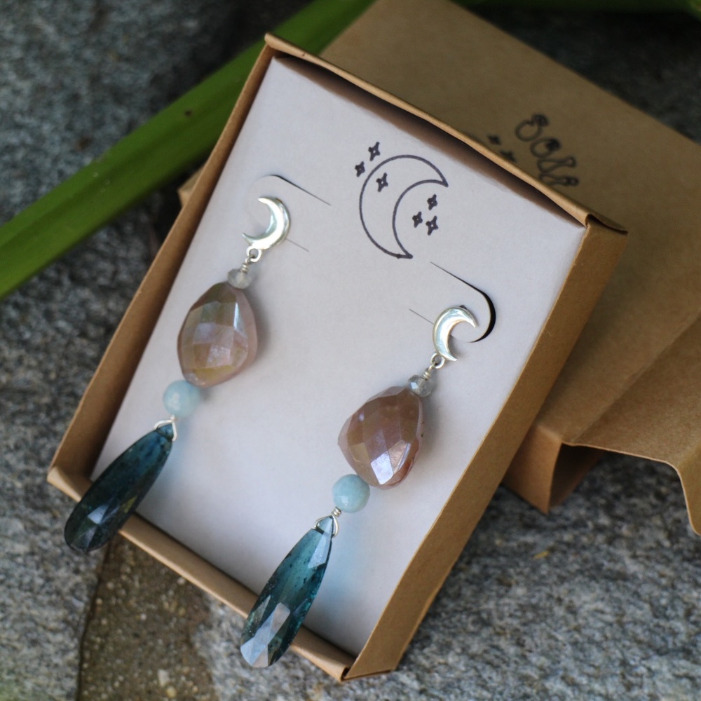 ✨Imperial Kyanite Mystic Moonstone Moon Earrings - Picture 3 of 3